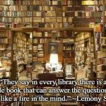 library | “They say in every library there is a single book that can answer the question that burns like a fire in the mind.” ~Lemony Snicket | image tagged in library | made w/ Imgflip meme maker