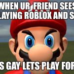 Angry Mario | WHEN UR  FRIEND SEES U PLAYING ROBLOX AND SAYS; ‘ THAT’S GAY LETS PLAY FORTNITE’ | image tagged in angry mario | made w/ Imgflip meme maker