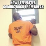 Jail window | HOW I FEEL AFTER COMING BACK FROM BREAK | image tagged in jail window | made w/ Imgflip meme maker
