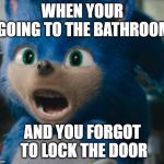 Sonic 2019 Face | WHEN YOUR GOING TO THE BATHROOM; AND YOU FORGOT TO LOCK THE DOOR | image tagged in sonic 2019 face | made w/ Imgflip meme maker