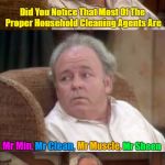 They Weren't Specific | Did You Notice That Most Of The Proper Household Cleaning Agents Are; Mr Sheen; Mr Muscle, Mr Min, Mr Clean, But Yet Women Are Always Complaining; That Men Don't Help Around The House | image tagged in bad pun archie bunker,memes,men and women,housework,chores,husband wife | made w/ Imgflip meme maker
