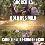 thanos | GROCERIES; COLD ASS MILK; CARRYING IT FROM THE CAR | image tagged in thanos | made w/ Imgflip meme maker