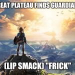 Breath of the Wild | LEAVES GREAT PLATEAU FINDS GUARDIAN STALKER; (LIP SMACK) "FRICK" | image tagged in breath of the wild | made w/ Imgflip meme maker