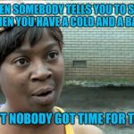 Ain't nobody got time for that | WHEN SOMEBODY TELLS YOU TO STAY HOME WHEN YOU HAVE A COLD AND A BAD COUGH; AIN'T NOBODY GOT TIME FOR THAT | image tagged in ain't nobody got time for that | made w/ Imgflip meme maker