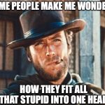 Clint Eastwood | SOME PEOPLE MAKE ME WONDER... HOW THEY FIT ALL THAT STUPID INTO ONE HEAD | image tagged in clint eastwood,saying,human stupidity | made w/ Imgflip meme maker