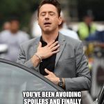 Robert Downy Jr | THAT FEELING WHEN; YOU'VE BEEN AVOIDING SPOILERS AND FINALLY EXPERIENCE ENDGAME FOR YOURSELF | image tagged in robert downy jr | made w/ Imgflip meme maker