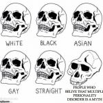 retarded caveman skulls | PEOPLE WHO BELIVE THAT MULTIPLE PERSONALITY DISORDER IS A MYTH | image tagged in retarded caveman skulls | made w/ Imgflip meme maker