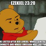 winnie the pooh reading | EZEKIEL 23:20; THERE SHE LUSTED AFTER HER LOVERS, WHOSE GENITALS WERE LIKE THOSE OF DONKEYS AND WHOSE EMISSION WAS LIKE THAT OF HORSES. | image tagged in winnie the pooh reading | made w/ Imgflip meme maker