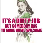 The Awesome Housewife | IT'S A DIRTY JOB; BUT SOMEBODY HAS TO MAKE HOME AWESOME | image tagged in 50's housewife,awesomeness,women,sassy,sayings,housework | made w/ Imgflip meme maker