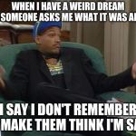 Weird Dreams | WHEN I HAVE A WEIRD DREAM AND SOMEONE ASKS ME WHAT IT WAS ABOUT; I SAY I DON'T REMEMBER TO MAKE THEM THINK I'M SANE | image tagged in whatever,weird,dreams,sane,expectations,funny | made w/ Imgflip meme maker