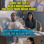 Thanks to ArfArf for this template - Just OK Surgeon commercial | LOOKS LIKE YOU’LL BE IN A WHEELCHAIR, FOR JUST 2 MORE WEEKS BUDDY; BUT THE NURSE SAID IT’D BE FOR THE REST OF MY LIFE; THAT’S ALSO CORRECT | image tagged in just ok surgeon commercial,bear of bad news,doctor,honesty,arfarf,canolaqueen | made w/ Imgflip meme maker