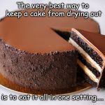 cake | The very best way to keep a cake from drying out; is to eat it all in one setting.... | image tagged in cake | made w/ Imgflip meme maker