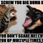 NOT SCARED | EHH SCREW YOU BIG DUMB DOG! YOU DON'T SCARE ME! I'VE BEATEN YOU UP MULTIPLE TIMES YA LOSER! | image tagged in not scared | made w/ Imgflip meme maker