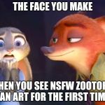 The Dark Side of the Zootopia Fandom | THE FACE YOU MAKE; WHEN YOU SEE NSFW ZOOTOPIA FAN ART FOR THE FIRST TIME | image tagged in judy hopps shocked nick wilde happy,zootopia,judy hopps,nick wilde,funny,memes | made w/ Imgflip meme maker