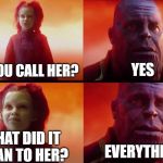 Happy Mother's Day | YES; DID YOU CALL HER? WHAT DID IT MEAN TO HER? EVERYTHING | image tagged in did you do it,thanos,mothers day,mother,infinity war | made w/ Imgflip meme maker