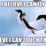 flying penguin | I BELIEVE I CAN FLY; I BELIEVE I CAN TOUCH THE SKY | image tagged in flying penguin | made w/ Imgflip meme maker