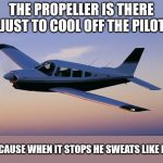 many don't know this | THE PROPELLER IS THERE JUST TO COOL OFF THE PILOT; ..BECAUSE WHEN IT STOPS HE SWEATS LIKE MAD | image tagged in small plane,pilot,cool | made w/ Imgflip meme maker