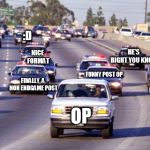 Bronco chase | LOL; :D; HE'S RIGHT YOU KNOW; NICE FORMAT; HEHE; FUNNY POST OP; YOU ARE FUNNY; THE TRUTH HAD BEEN SPOKEN; FINALLY  A NON ENDGAME POST; OP | image tagged in bronco chase | made w/ Imgflip meme maker