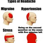 Me every time | Being on the second question on the exam with five minutes left | image tagged in head ache | made w/ Imgflip meme maker