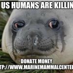 Crying Seal | HELP US HUMANS ARE KILLING US; DONATE MONEY AT
HTTP://WWW.MARINEMAMMALCENTER.ORG/ | image tagged in crying seal | made w/ Imgflip meme maker