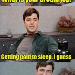 Dream Job | What is your dream job? Getting paid to sleep, I guess | image tagged in office space interview,dream,job interview | made w/ Imgflip meme maker