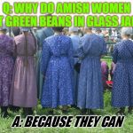 Amish Women | Q: WHY DO AMISH WOMEN PUT GREEN BEANS IN GLASS JARS? A: BECAUSE THEY CAN | image tagged in amish women | made w/ Imgflip meme maker