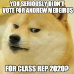 doge think | YOU SERIOUSLY DIDN'T VOTE FOR ANDREW MEDEIROS; FOR CLASS REP 2020? | image tagged in doge think | made w/ Imgflip meme maker