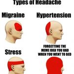 head ache | FORGETTING THE MEME IDEA YOU HAD WHEN YOU WENT TO BED | image tagged in head ache | made w/ Imgflip meme maker