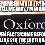 dictionary | REMEMBER WHEN TRYING TO TELL ME WHY I'M WRONG... EVEN FACTS COME BEFORE FEELINGS IN THE DICTIONARY | image tagged in dictionary | made w/ Imgflip meme maker