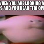 oh no. | WHEN YOU ARE LOOKING AT MEMES AND YOU HEAR "FBI OPEN UP" | image tagged in kirby i think,memes,funny,fbi | made w/ Imgflip meme maker