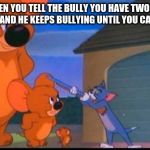 Tom and Jerry | WHEN YOU TELL THE BULLY YOU HAVE TWO BIG BROTHERS AND HE KEEPS BULLYING UNTIL YOU CALL THEM UP | image tagged in tom and jerry | made w/ Imgflip meme maker