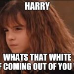hermione suspiscius | HARRY; WHATS THAT WHITE STUFF COMING OUT OF YOU WAND | image tagged in hermione suspiscius | made w/ Imgflip meme maker