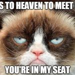 Grumpy Cat Not Amused | GOES TO HEAVEN TO MEET GOD; YOU'RE IN MY SEAT | image tagged in memes,grumpy cat not amused,grumpy cat | made w/ Imgflip meme maker