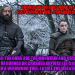 arya hound | SHOULD WE GO AND SNEAK INTO KING'S LANDING JUST BEFORE IT WILL PROBABLY BE BURNED TO ASHES? NAH, THE ODDS ARE THE MOUNTAIN AND CERSEI WILL BE BURNED OR CRUSHED ANYWAY, LET'S GO GET HIGH UNDER A WEIRWOOD TREE, I STOLE THE MEASTER'S STASH. | image tagged in arya hound | made w/ Imgflip meme maker
