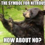 How about no bear | WHAT IS THE SYMBOL FOR NITROUS OXIDE? HOW ABOUT NO? | image tagged in how about no bear | made w/ Imgflip meme maker