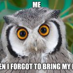 owl is confused | ME; WHEN I FORGOT TO BRING MY H.W. | image tagged in owl is confused | made w/ Imgflip meme maker