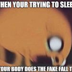 fake fall jake | WHEN YOUR TRYING TO SLEEP; BUT YOUR BODY DOES THE FAKE FALL THING | image tagged in jake screech | made w/ Imgflip meme maker