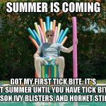 Summer is coming | SUMMER IS COMING; GOT MY FIRST TICK BITE.
IT'S NOT SUMMER UNTIL YOU HAVE TICK BITES, POISON IVY BLISTERS, AND HORNET STINGS. | image tagged in summer is coming | made w/ Imgflip meme maker
