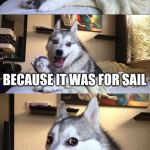 Bad Pun Dog Meme | I BOUGHT A BOAT BECAUSE IT WAS FOR SAIL | image tagged in memes,bad pun dog | made w/ Imgflip meme maker