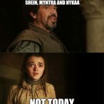 Arya Syrio God of Death | WHAT DO WE SAY TO SHEIN, MYNTRA AND NYKAA; NOT TODAY | image tagged in arya syrio god of death | made w/ Imgflip meme maker