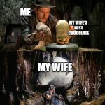 Indiana Jones Idol & Boulder | ME; MY WIFE'S LAST CHOCOLATE; MY WIFE | image tagged in indiana jones idol  boulder | made w/ Imgflip meme maker