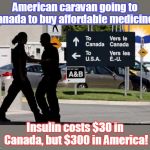 Sad, but true that Americans die for lack of insulin | American caravan going to Canada to buy affordable medicines. Insulin costs $30 in Canada, but $300 in America! | image tagged in americans overcharged by drug companies,greed overwhelms drug ceos,us healthcare industry out of control,high costs will not mak | made w/ Imgflip meme maker
