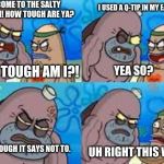 salty spatoon | WELCOME TO THE SALTY SPATOON! HOW TOUGH ARE YA? HOW TOUGH AM I?! I USED A Q-TIP IN MY EAR! YEA SO? EVEN THOUGH IT SAYS NOT TO. UH RIGHT THIS | image tagged in salty spatoon | made w/ Imgflip meme maker