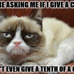 GRUMPY CAT | YOU'RE ASKING ME IF I GIVE A CRAP? I DON'T EVEN GIVE A TENTH OF A CRAP! | image tagged in grumpy cat | made w/ Imgflip meme maker