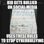 The best social media rules. | KID GETS BULLIED ON SOCIAL MEDIA; USES THESE RULES TO STOP CYBERBULLYING | image tagged in the best social media rules | made w/ Imgflip meme maker