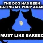 It's all in the sauce | THE DOG HAS BEEN EATING MY POOP AGAIN; HE MUST LIKE BARBECUE | image tagged in kitties and the moon,poop,barbecue,dog,what if i told you | made w/ Imgflip meme maker