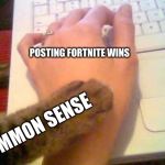 Stop it, get some help. | POSTING FORTNITE WINS; COMMON SENSE | image tagged in stop posting cat,fortnite,posts,memes,video games,common sense | made w/ Imgflip meme maker
