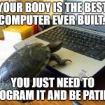 Turtle Computer | YOUR BODY IS THE BEST COMPUTER EVER BUILT... YOU JUST NEED TO PROGRAM IT AND BE PATIENT | image tagged in turtle computer | made w/ Imgflip meme maker