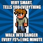 Terraria Guide | VERY SMART, TELLS YOU EVERYTHING; WALK INTO DANGER EVERY F$%@ING MINUTE | image tagged in terraria guide | made w/ Imgflip meme maker
