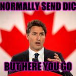 Justin Trudeau | I DONT NORMALLY SEND DICK PICS; BUT HERE YOU GO | image tagged in justin trudeau | made w/ Imgflip meme maker